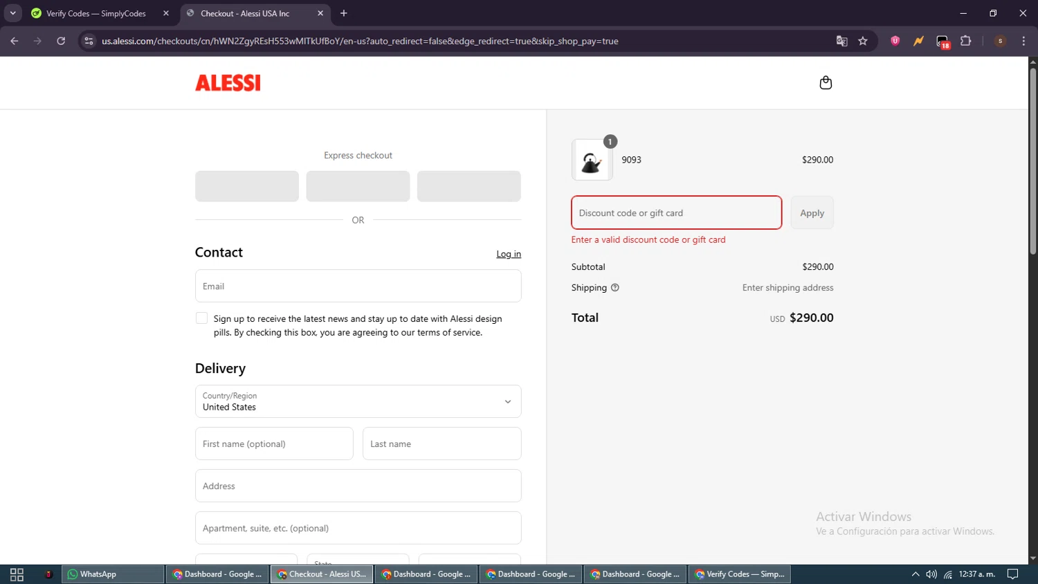 Alessi promo code screenshot showing code SUMMER15 applied at Alessi checkout page. Uploaded by SimplyCodes community member GoldSentinel1426 on Sep 4, 2025