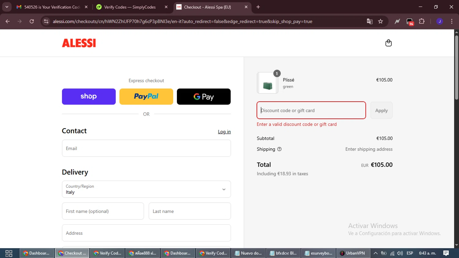 Alessi promo code screenshot showing code SPEDIZIONEGRATUITA applied at Alessi checkout page. Uploaded by SimplyCodes community member LegendaryLegend9872 on Sep 4, 2025