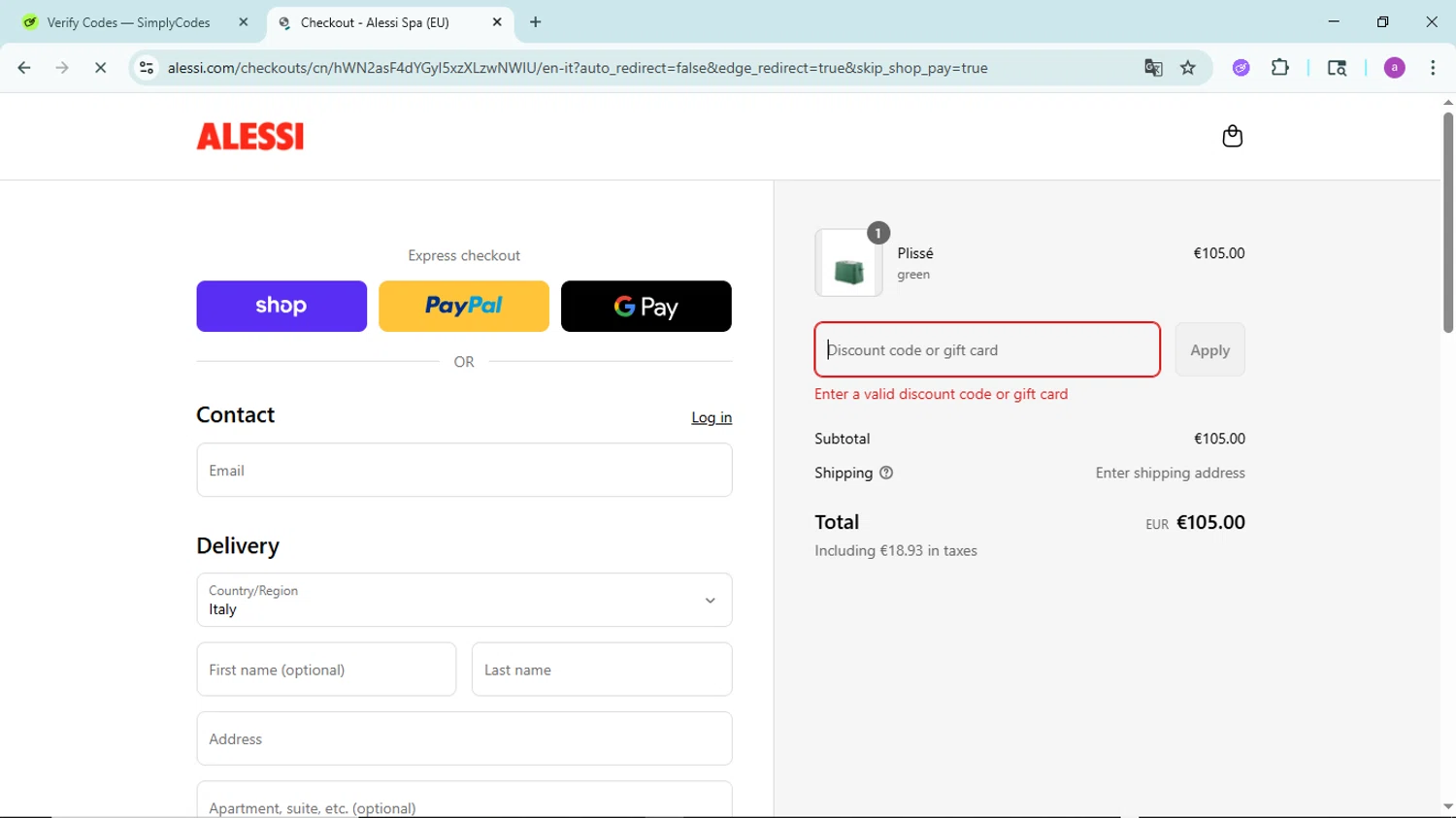 Alessi promo code screenshot showing code SPEDIZIONEGRATUITA applied at Alessi checkout page. Uploaded by SimplyCodes community member PennyBoss9589 on Sep 4, 2025