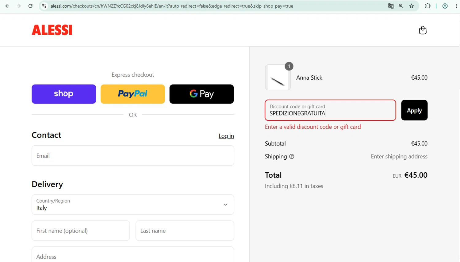 Alessi promo code screenshot showing code SPEDIZIONEGRATUITA applied at Alessi checkout page. Uploaded by SimplyCodes community member PrimeWarden1601 on Sep 4, 2025