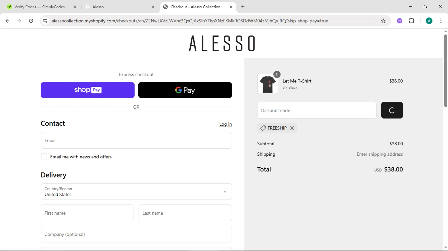 Alesso promo code screenshot showing code FREESHIP applied at Alesso checkout page. Uploaded by SimplyCodes community member HEROESCUDA on Jun 17, 2025