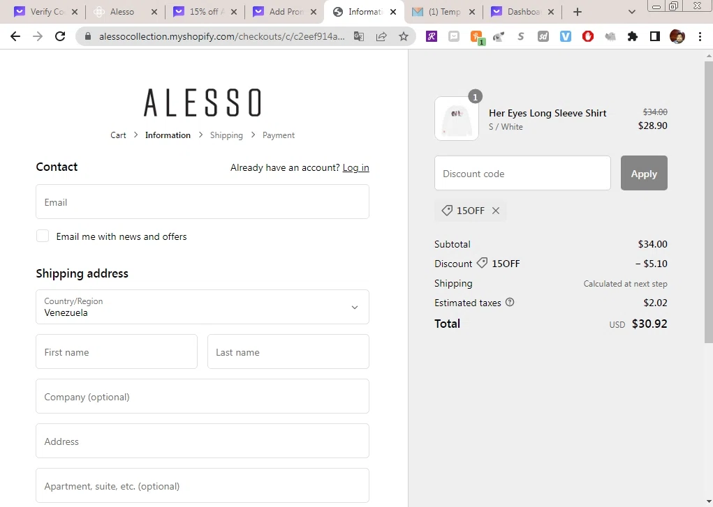 Alesso checkout page showing Alesso promo code box | Screenshot taken by SimplyCodes community member on May 11, 2023