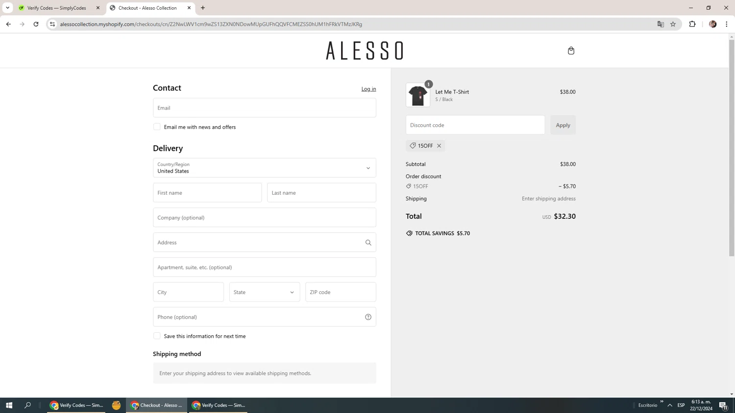 Alesso checkout page showing Alesso promo code box | Screenshot taken by SimplyCodes community member on Dec 22, 2024