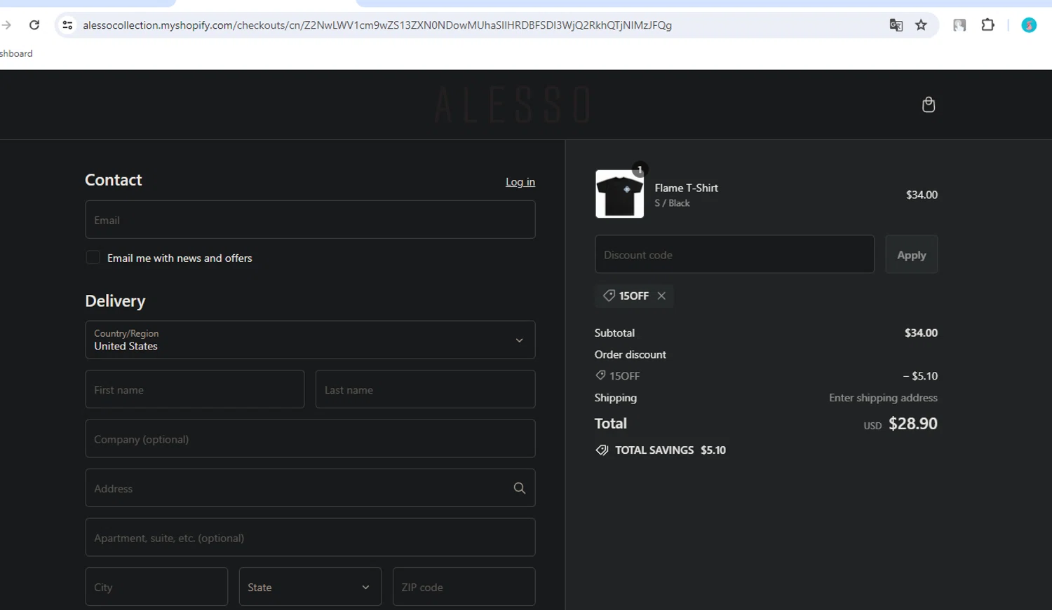 Alesso checkout page showing Alesso promo code box | Screenshot taken by SimplyCodes community member on Jun 5, 2024