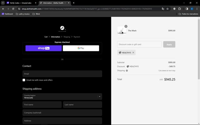 Aletha Health checkout page showing Aletha Health discount code box | Screenshot taken by SimplyCodes community member on Dec 18, 2023