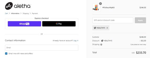 Aletha Health checkout page showing Aletha Health discount code box | Screenshot taken by SimplyCodes community member on Sep 30, 2022
