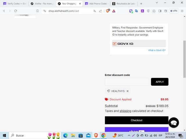 Aletha Health checkout page showing Aletha Health discount code box | Screenshot taken by SimplyCodes community member on Mar 26, 2024