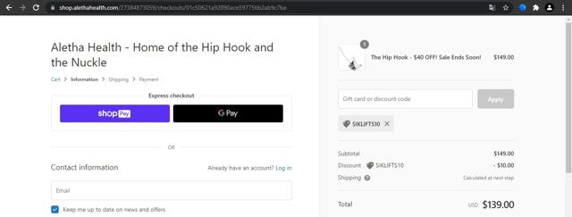 Aletha Health checkout page showing Aletha Health discount code box | Screenshot taken by SimplyCodes community member on Sep 15, 2021