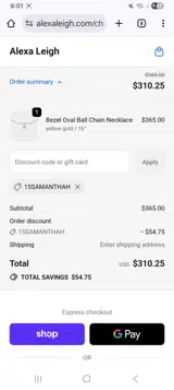 15samanthah coupon verification screenshot
