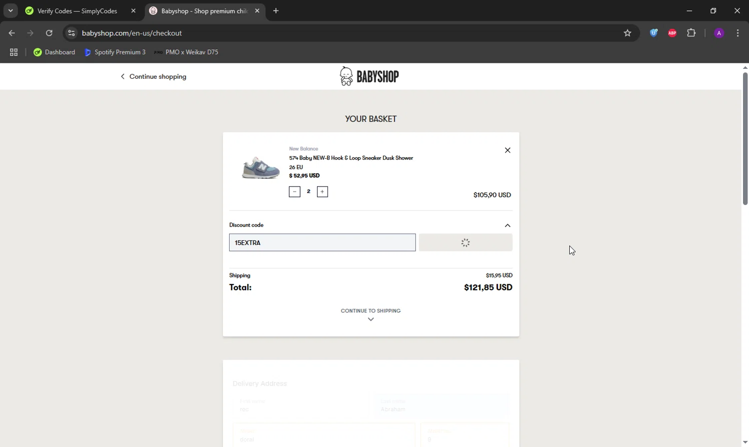 AlexandAlexa discount code screenshot showing code 15EXTRA applied at AlexandAlexa checkout page. Uploaded by SimplyCodes community member DeathBone on Jul 31, 2025