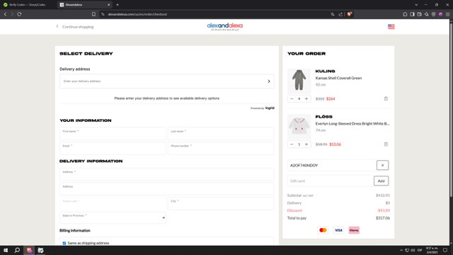 AlexandAlexa checkout page showing AlexandAlexa discount code box | Screenshot taken by SimplyCodes community member on Apr 3, 2025