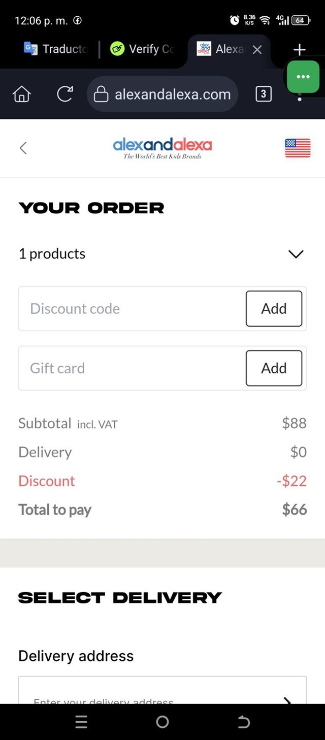 AlexandAlexa checkout page showing AlexandAlexa discount code box | Screenshot taken by SimplyCodes community member on Apr 7, 2025