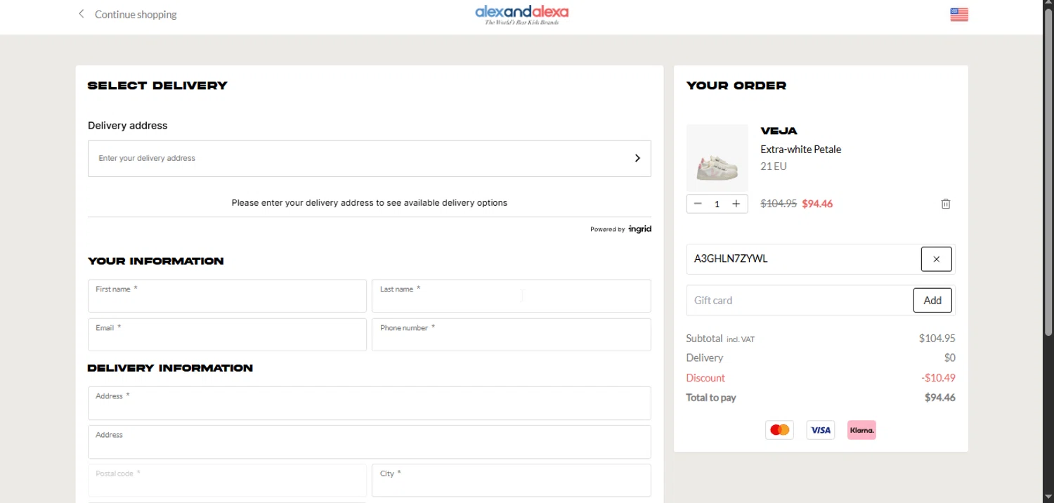 AlexandAlexa discount code screenshot showing code A3GHLN7ZYWL applied at AlexandAlexa checkout page. Uploaded by SimplyCodes community member holaquetal on May 10, 2025