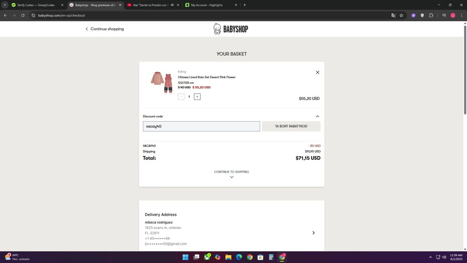 AlexandAlexa discount code screenshot showing code vacay40 applied at AlexandAlexa checkout page. Uploaded by SimplyCodes community member CoinRanger3407 on Aug 1, 2025