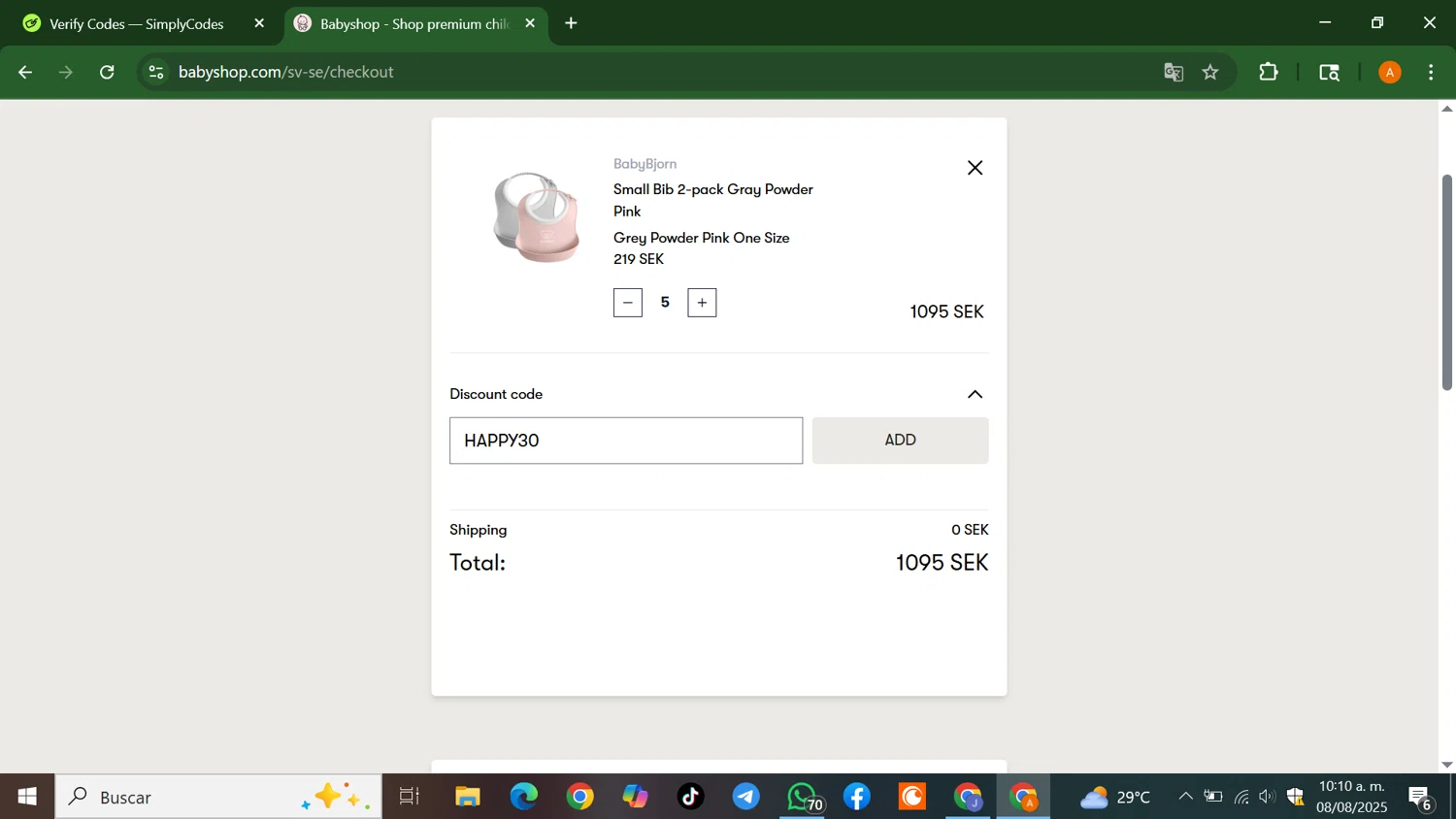 AlexandAlexa discount code screenshot showing code HAPPY30 applied at AlexandAlexa checkout page. Uploaded by SimplyCodes community member AlfredoBonifacio on Aug 8, 2025