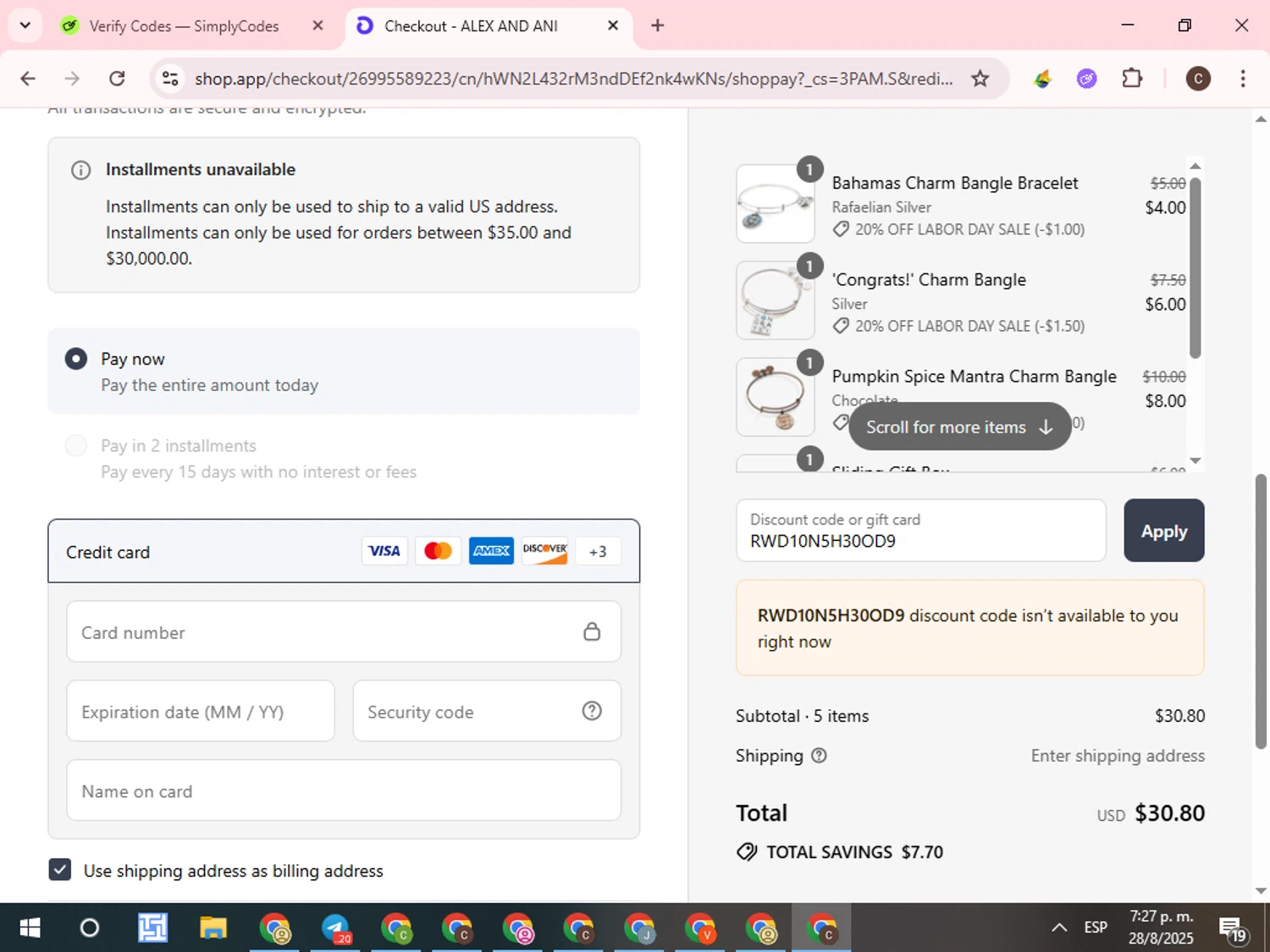 Alex and Ani discount code screenshot showing code RWD10N5H30OD9 applied at Alex and Ani checkout page. Uploaded by SimplyCodes community member WonderCurator7831 on Aug 28, 2025