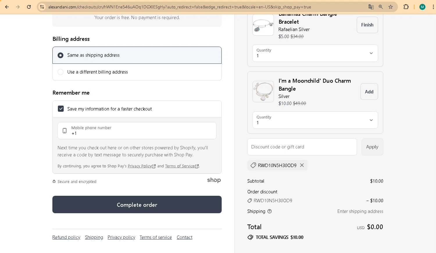 Alex and Ani discount code screenshot showing code RWD10N5H30OD9 applied at Alex and Ani checkout page. Uploaded by SimplyCodes community member marco007 on Jul 30, 2025