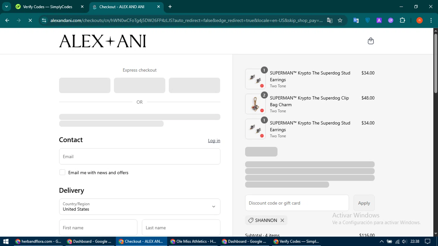 Alex and Ani discount code screenshot showing code SHANNON applied at Alex and Ani checkout page. Uploaded by SimplyCodes community member CoinMaven895 on Jul 23, 2025