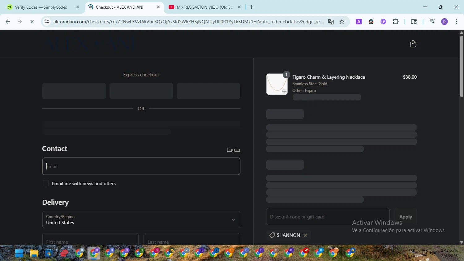 Alex and Ani discount code screenshot showing code SHANNON applied at Alex and Ani checkout page. Uploaded by SimplyCodes community member EpicSpotter8045 on Jun 2, 2025