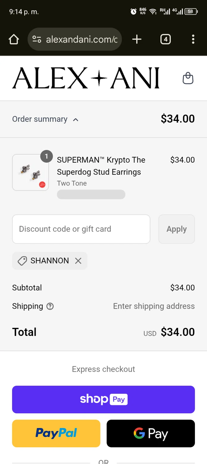 Alex and Ani discount code screenshot showing code SHANNON applied at Alex and Ani checkout page. Uploaded by SimplyCodes community member ScanShopper554 on Jul 23, 2025