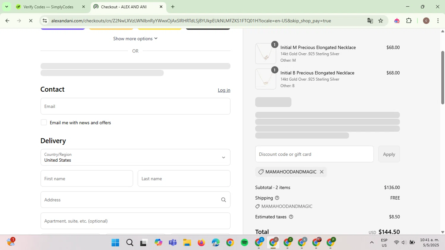 Alex and Ani discount code screenshot showing code MAMAHOODANDMAGIC applied at Alex and Ani checkout page. Uploaded by SimplyCodes community member NobleExpert6497 on May 5, 2025