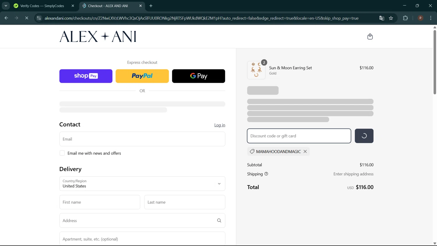 Alex and Ani discount code screenshot showing code MAMAHOODANDMAGIC applied at Alex and Ani checkout page. Uploaded by SimplyCodes community member ShrewdPro2243 on Apr 2, 2025