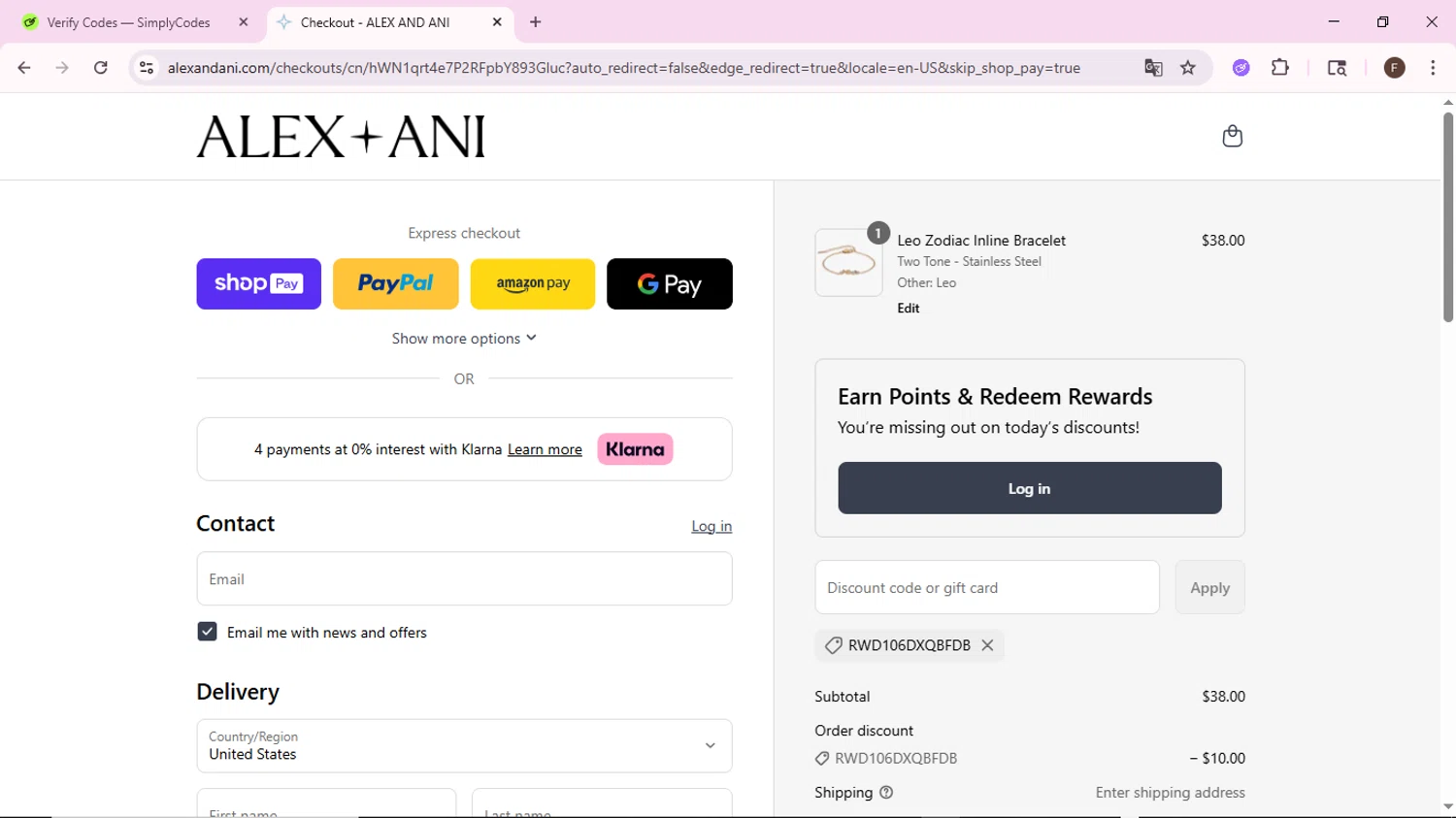 Alex and Ani discount code screenshot showing code RWD106DXQBFDB applied at Alex and Ani checkout page. Uploaded by SimplyCodes community member BargainShopper1802 on Aug 16, 2025