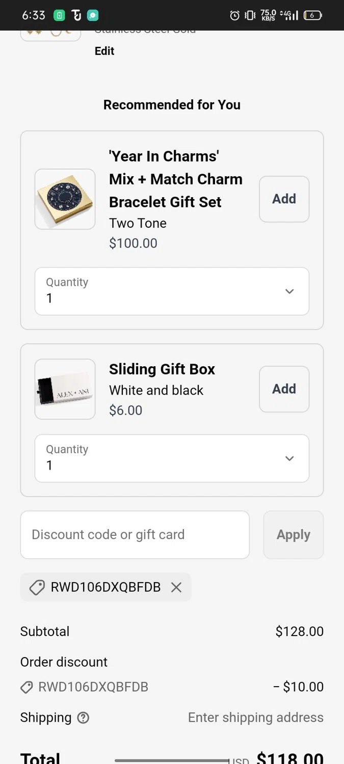 Alex and Ani discount code screenshot showing code RWD106DXQBFDB applied at Alex and Ani checkout page. Uploaded by SimplyCodes community member Runner on Aug 15, 2025