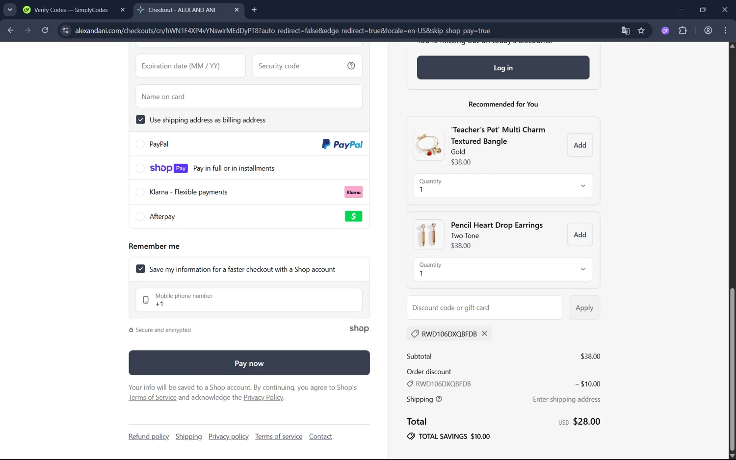 Alex and Ani discount code screenshot showing code RWD106DXQBFDB applied at Alex and Ani checkout page. Uploaded by SimplyCodes community member juan1702 on Jul 31, 2025