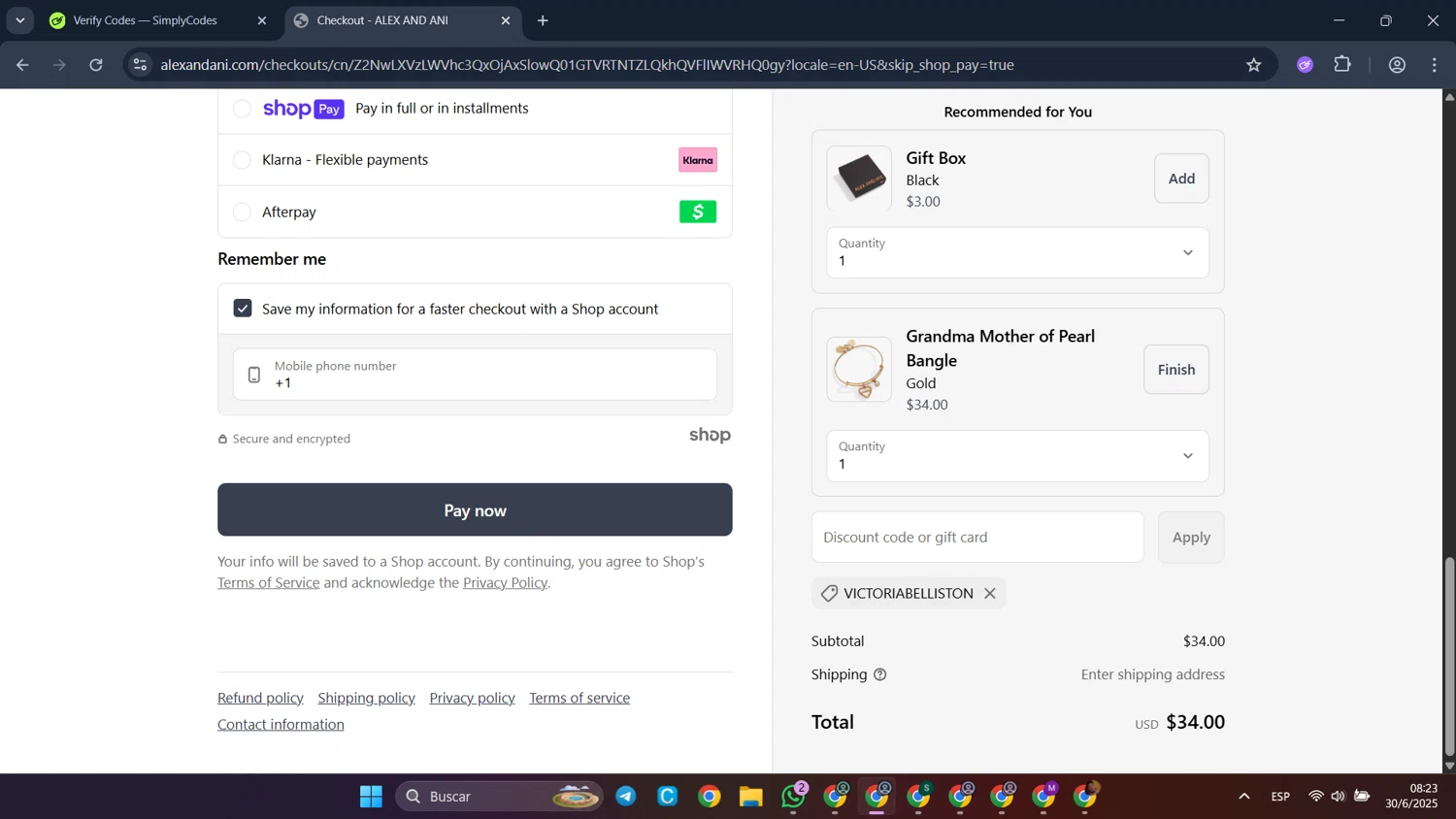 Alex and Ani discount code screenshot showing code VICTORIABELLISTON applied at Alex and Ani checkout page. Uploaded by SimplyCodes community member CleverFalcon6244 on Jun 30, 2025