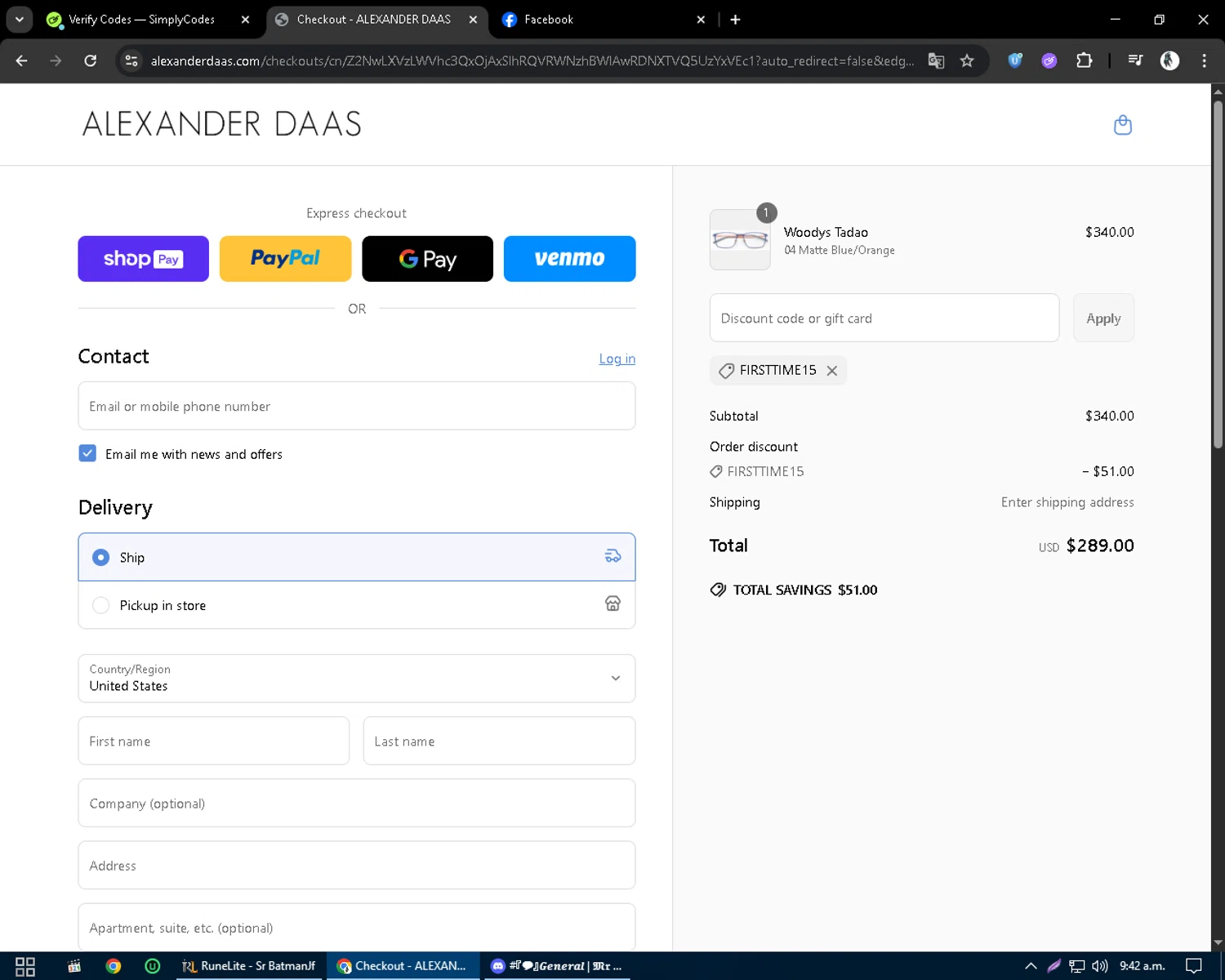 ALEXANDER DAAS promo code screenshot showing code FIRSTTIME15 applied at ALEXANDER DAAS checkout page. Uploaded by SimplyCodes community member CleverSentinel9441 on Jun 14, 2025