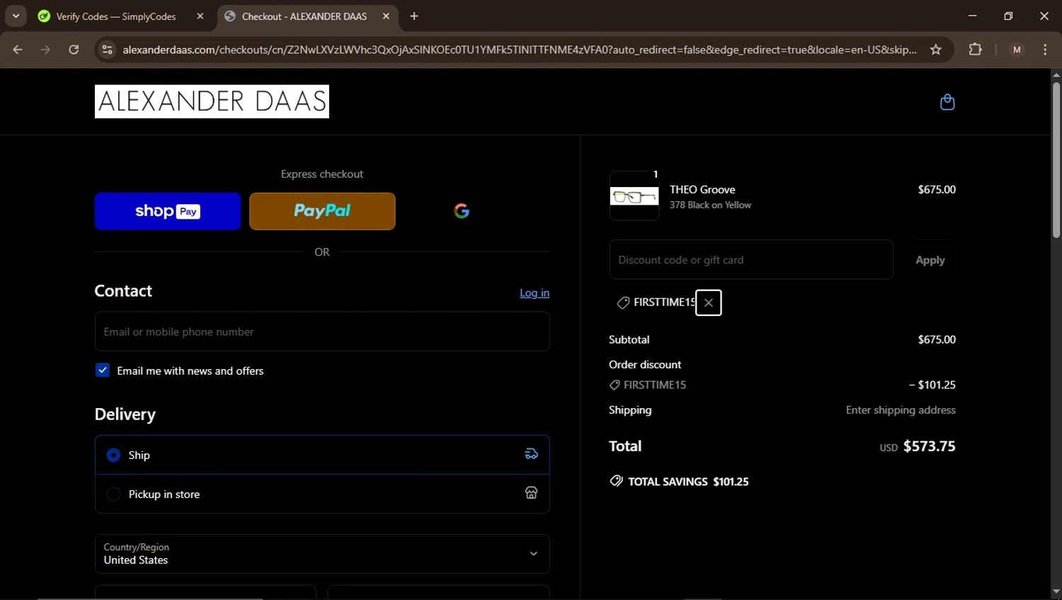 ALEXANDER DAAS promo code screenshot showing code FIRSTTIME15 applied at ALEXANDER DAAS checkout page. Uploaded by SimplyCodes community member MightyGuardian6645 on Apr 23, 2025