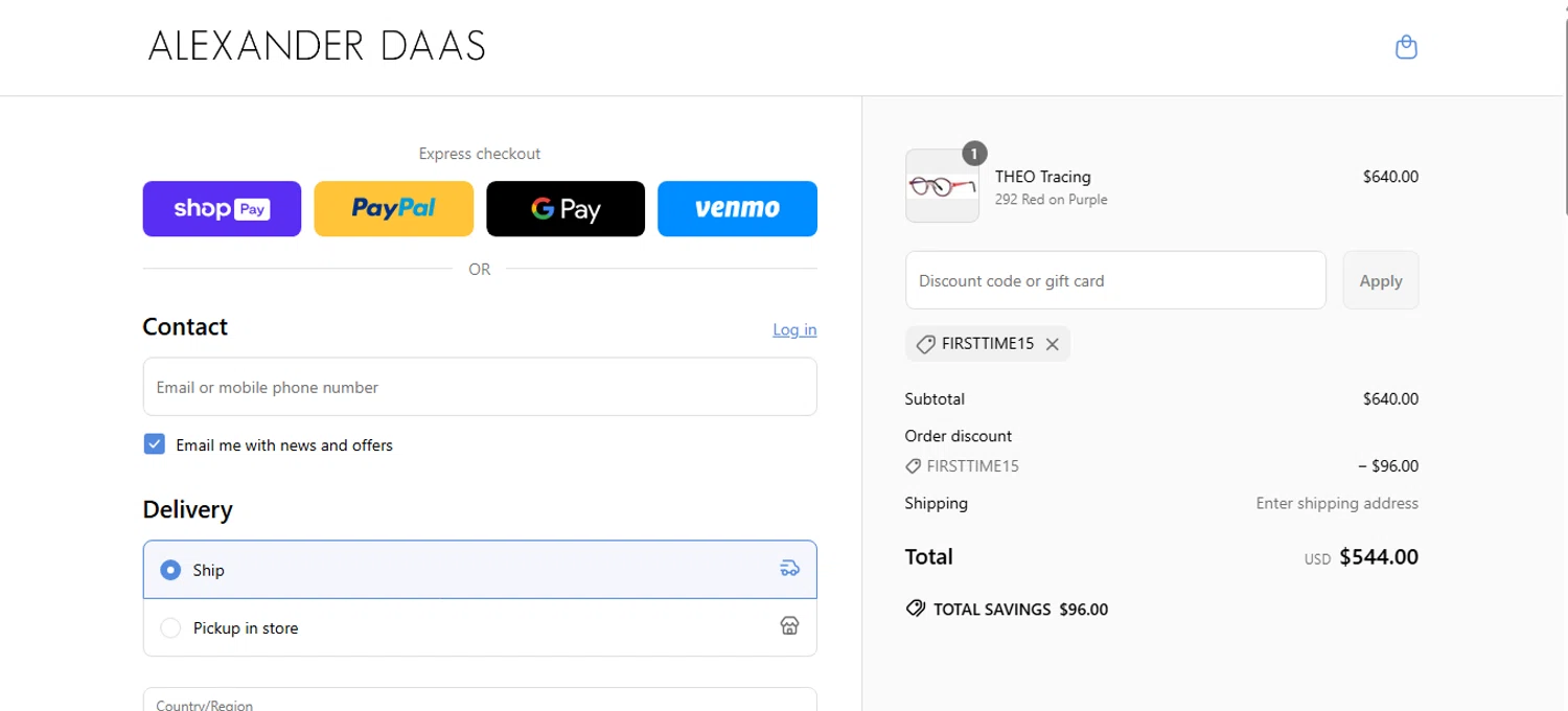 ALEXANDER DAAS promo code screenshot showing code FIRSTTIME15 applied at ALEXANDER DAAS checkout page. Uploaded by SimplyCodes community member QuestNavigator1687 on Apr 23, 2025