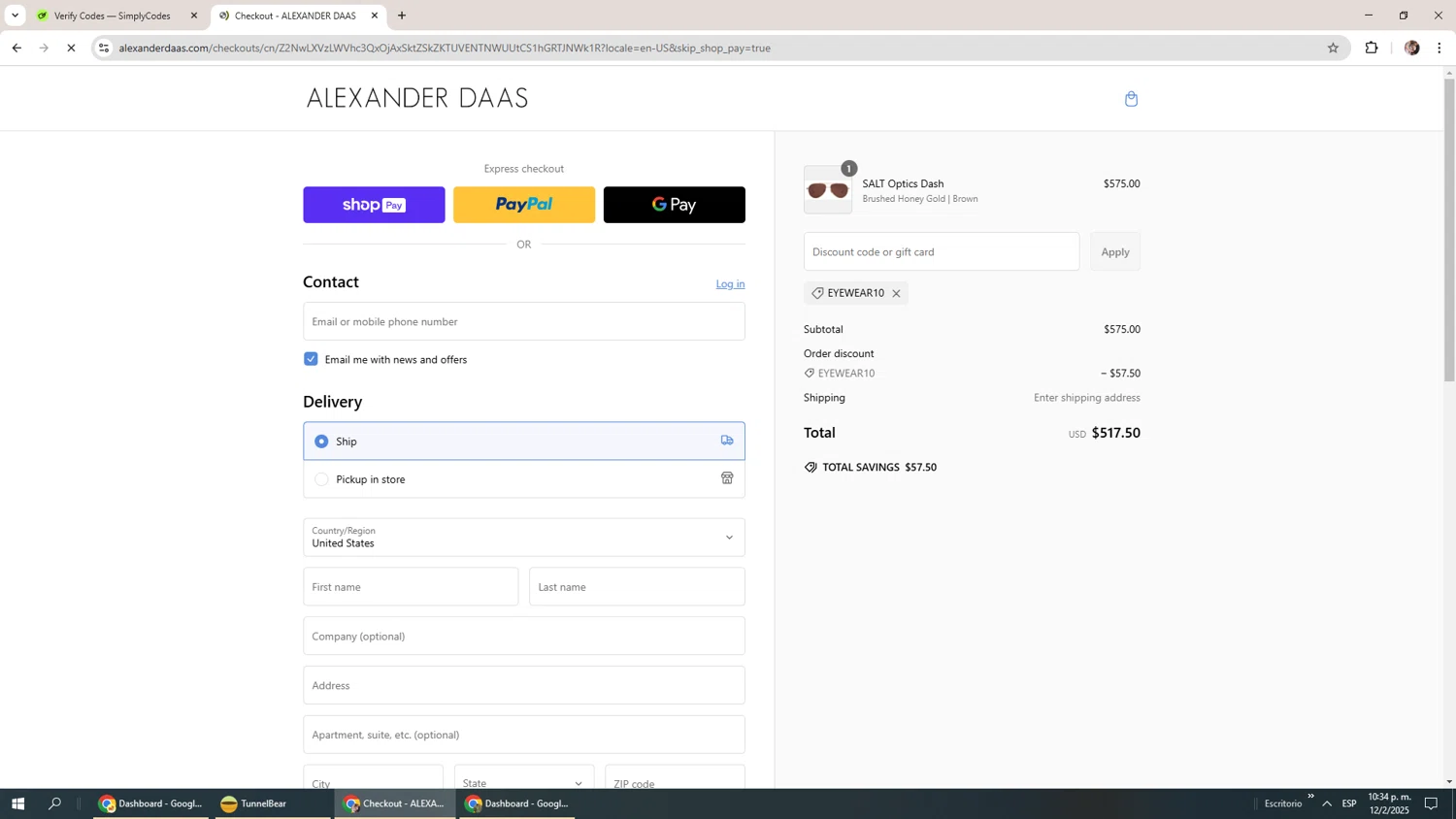 ALEXANDER DAAS promo code screenshot showing code EYEWEAR10 applied at ALEXANDER DAAS checkout page. Uploaded by SimplyCodes community member Levi_Ackerman on Feb 13, 2025