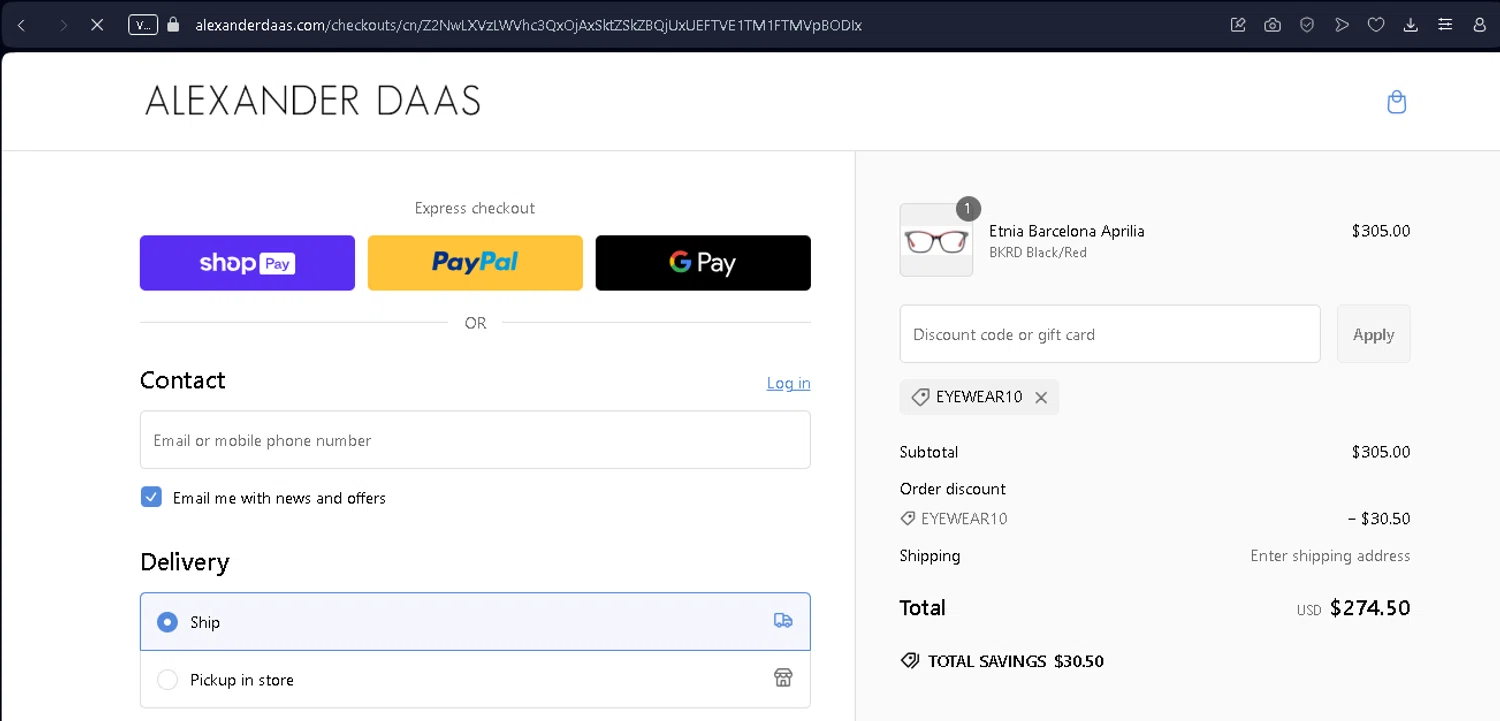 ALEXANDER DAAS promo code screenshot showing code EYEWEAR10 applied at ALEXANDER DAAS checkout page. Uploaded by SimplyCodes community member NobleSentinel8535 on Feb 13, 2025