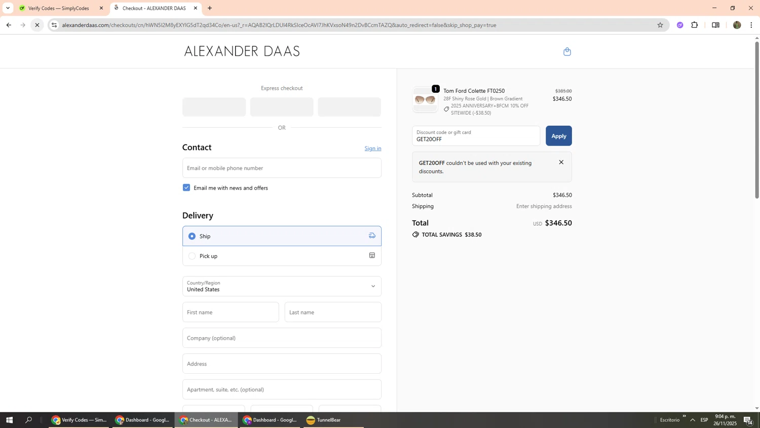 ALEXANDER DAAS promo code screenshot showing code GET20OFF applied at ALEXANDER DAAS checkout page. Uploaded by SimplyCodes community member Phoenix585 on Nov 27, 2025
