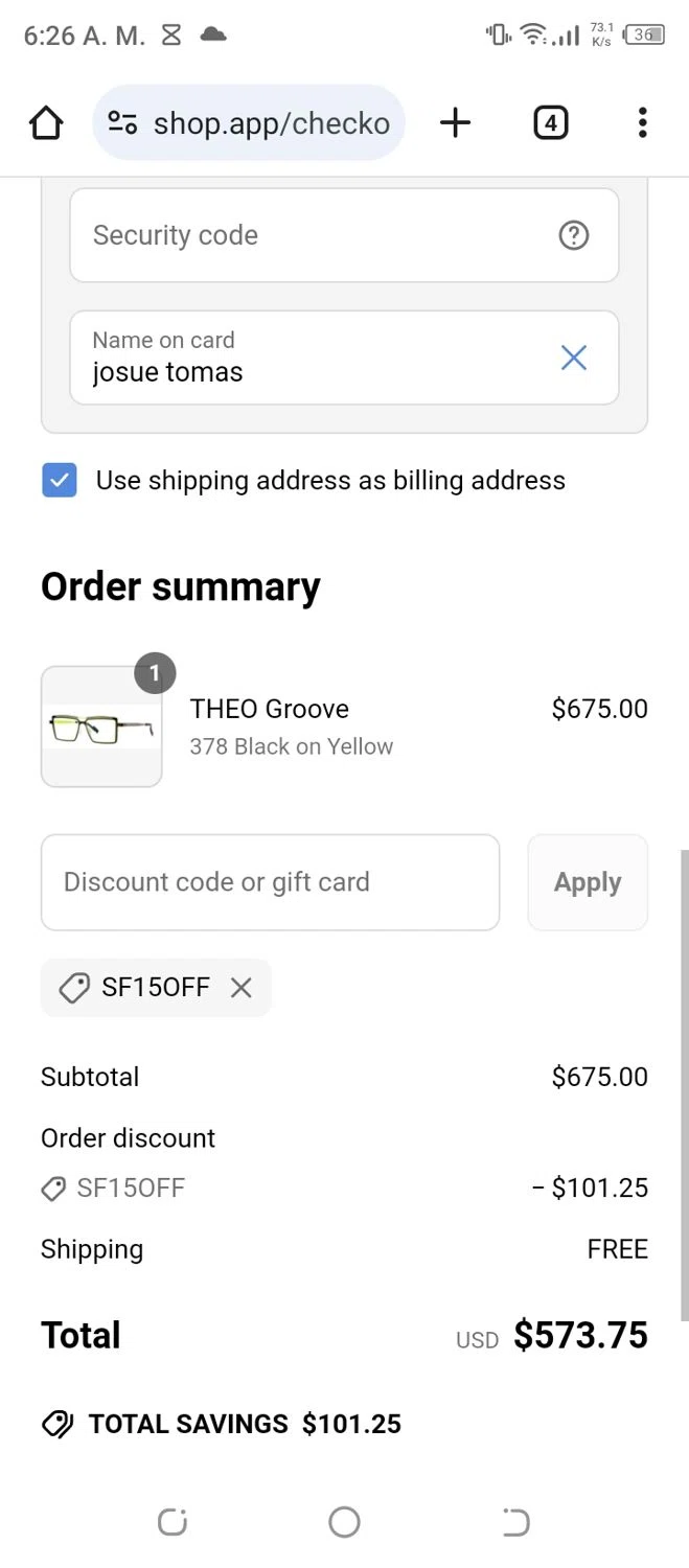 ALEXANDER DAAS promo code screenshot showing code Sf15off applied at ALEXANDER DAAS checkout page. Uploaded by SimplyCodes community member Francisco01 on Apr 17, 2025