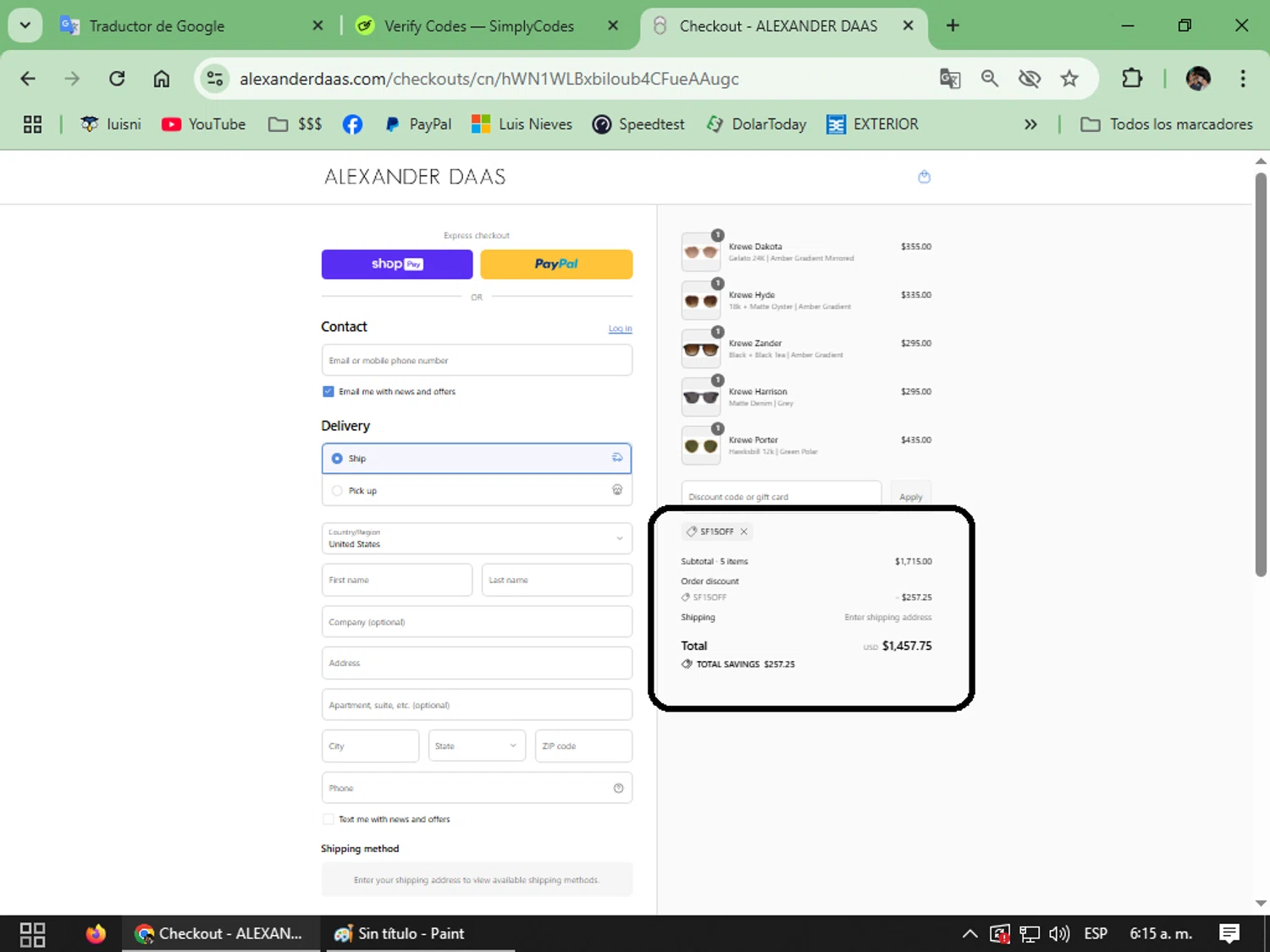 ALEXANDER DAAS promo code screenshot showing code Sf15off applied at ALEXANDER DAAS checkout page. Uploaded by SimplyCodes community member luisrodriguez on Aug 7, 2025