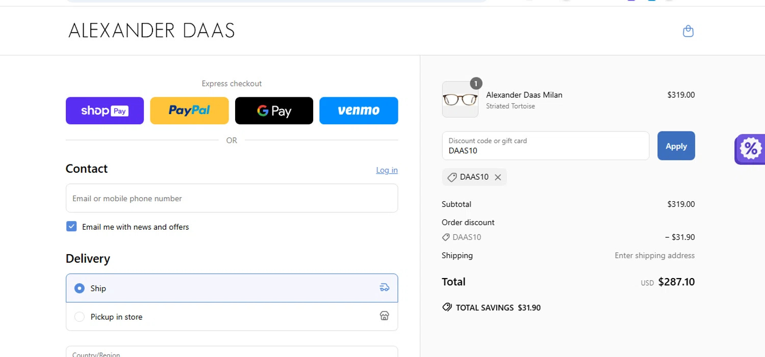 ALEXANDER DAAS promo code screenshot showing code DAAS10 applied at ALEXANDER DAAS checkout page. Uploaded by SimplyCodes community member shark12 on Jun 23, 2025