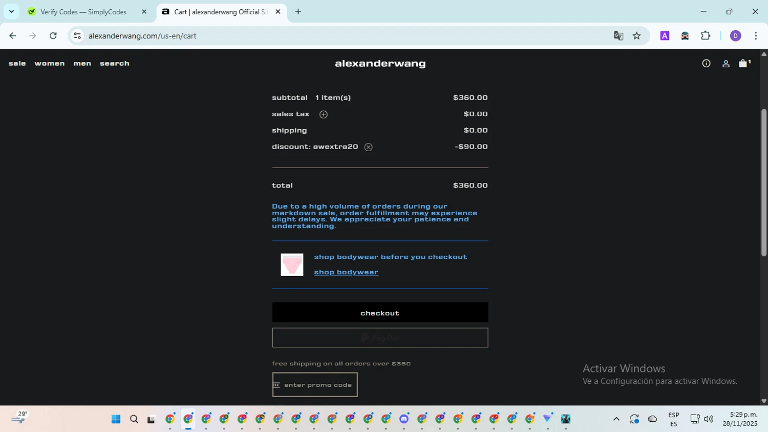 Alexander Wang promo code screenshot showing code AWEXTRA20 applied at Alexander Wang checkout page. Uploaded by SimplyCodes community member EpicSpotter8045 on Nov 28, 2025