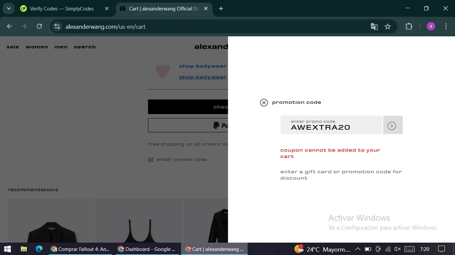 Alexander Wang promo code screenshot showing code AWEXTRA20 applied at Alexander Wang checkout page. Uploaded by SimplyCodes community member alexandracarolina on Dec 4, 2025