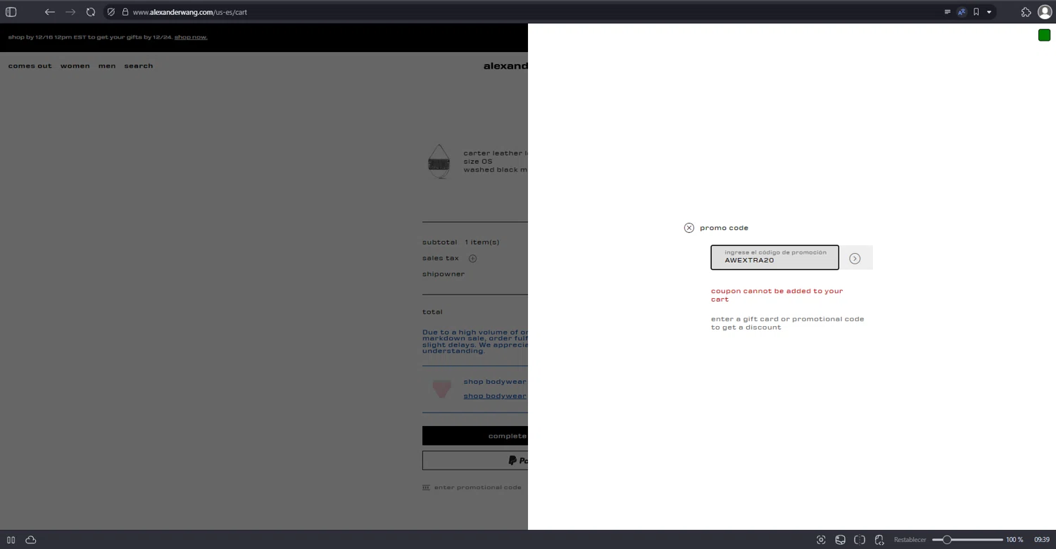 Alexander Wang promo code screenshot showing code AWEXTRA20 applied at Alexander Wang checkout page. Uploaded by SimplyCodes community member ramonozuna2360 on Dec 16, 2025