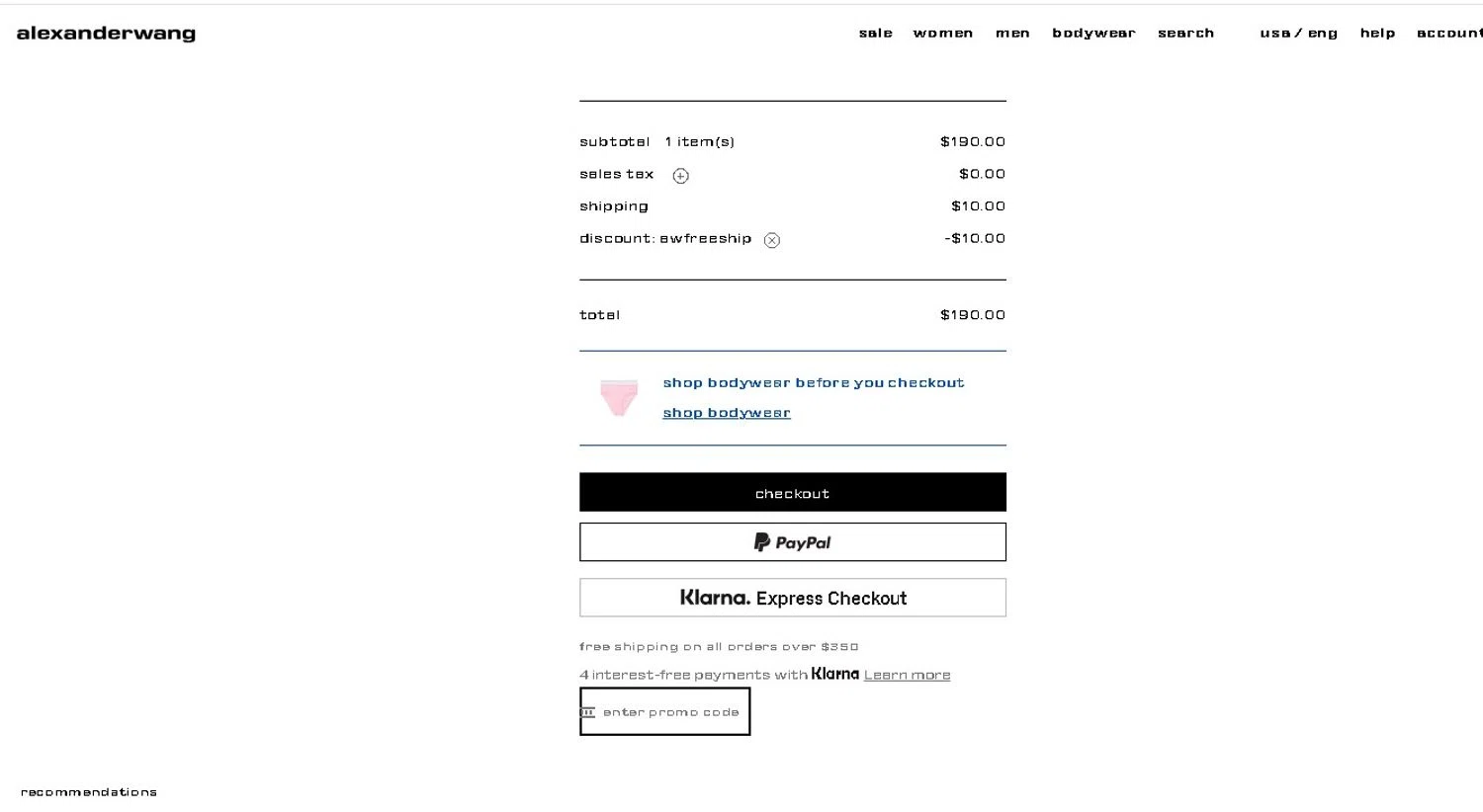 Alexander Wang promo code screenshot showing code AWFREESHIP applied at Alexander Wang checkout page. Uploaded by SimplyCodes community member LAMINEJAMAL on Jul 23, 2025