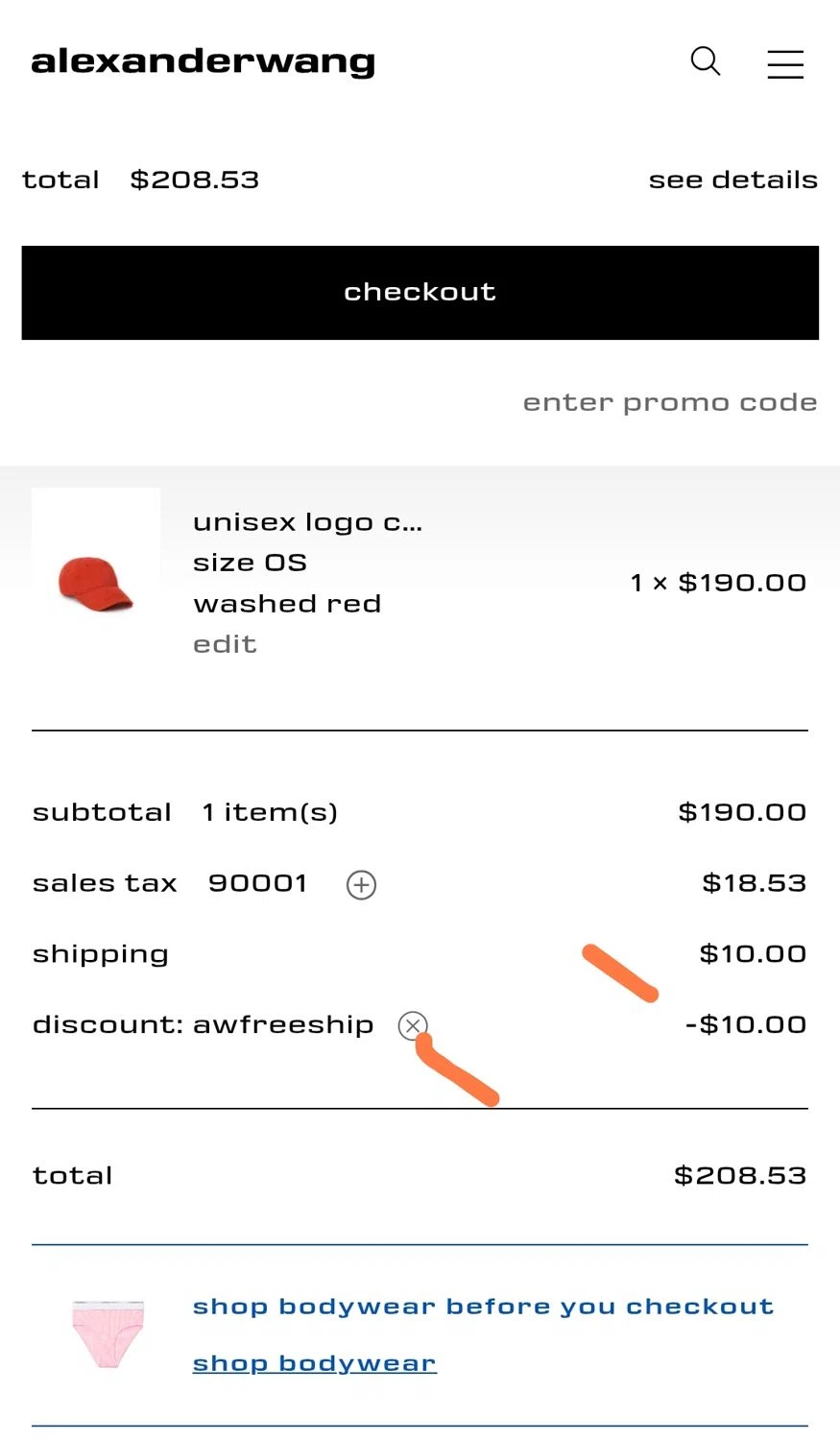 Alexander Wang promo code screenshot showing code AWFREESHIP applied at Alexander Wang checkout page. Uploaded by SimplyCodes community member JuanMonge on Oct 6, 2025