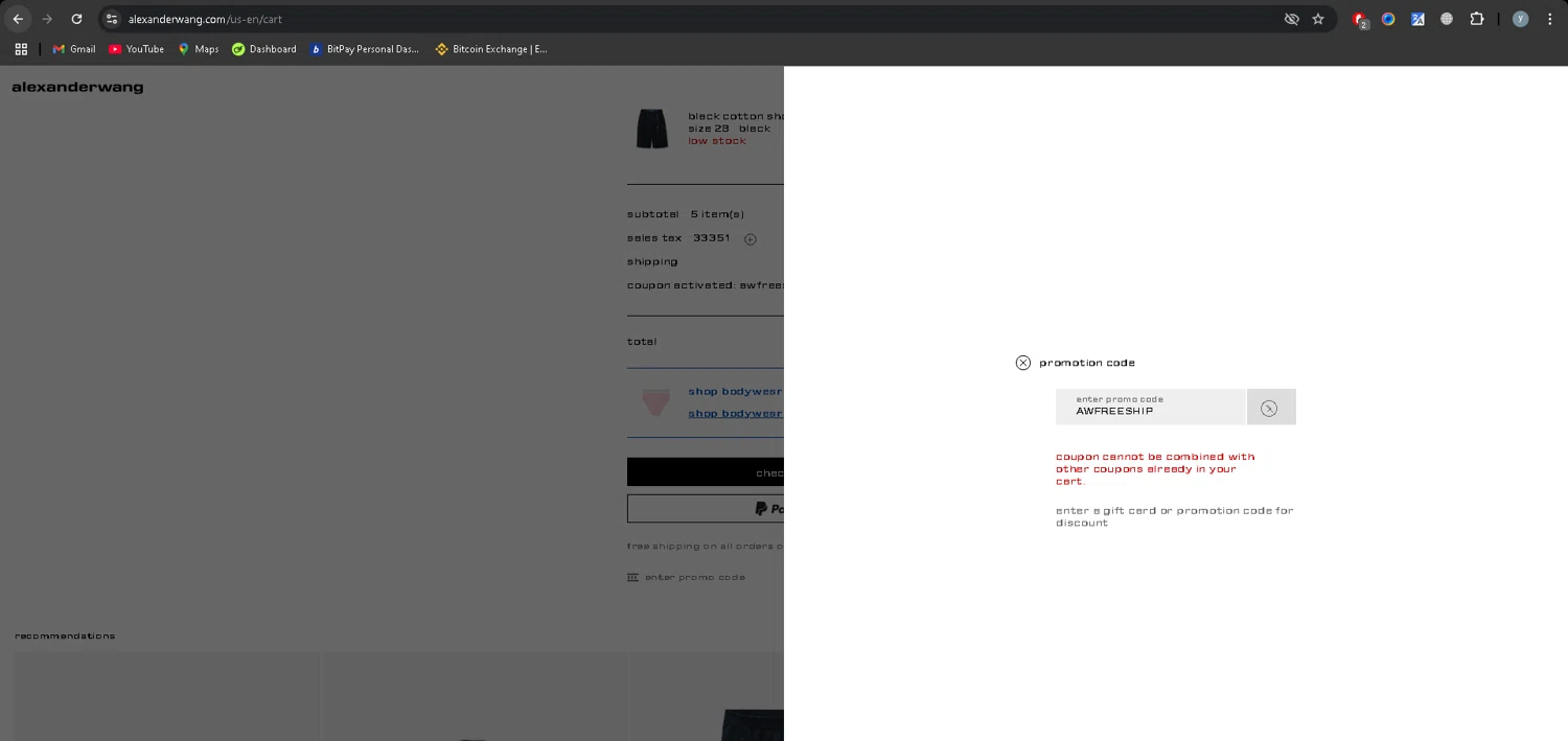 Alexander Wang promo code screenshot showing code AWFREESHIP applied at Alexander Wang checkout page. Uploaded by SimplyCodes community member YJMQ95 on Jul 23, 2025