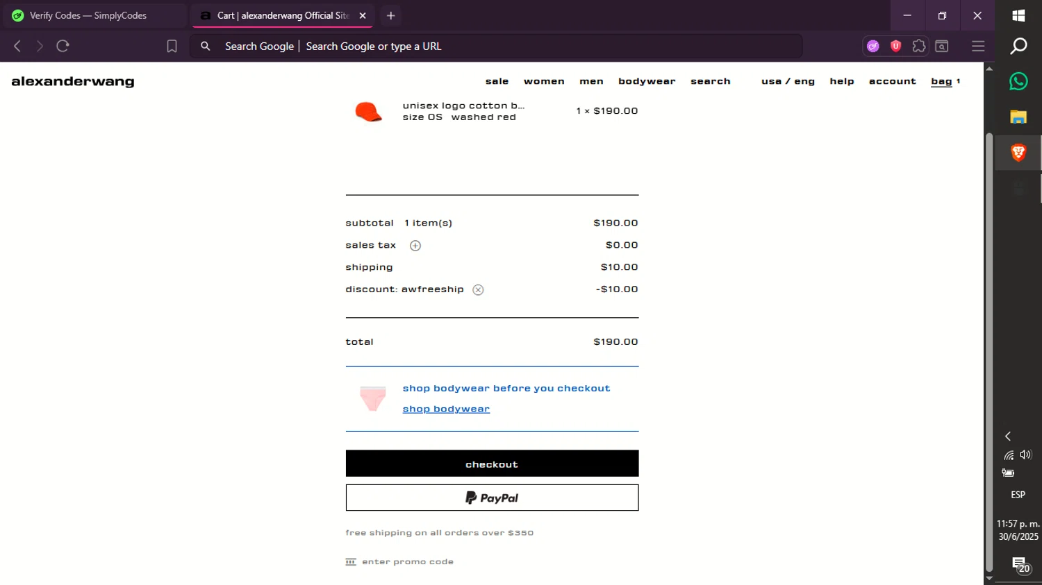 Alexander Wang promo code screenshot showing code AWFREESHIP applied at Alexander Wang checkout page. Uploaded by SimplyCodes community member xXdevoragoticas69Xx on Jul 1, 2025