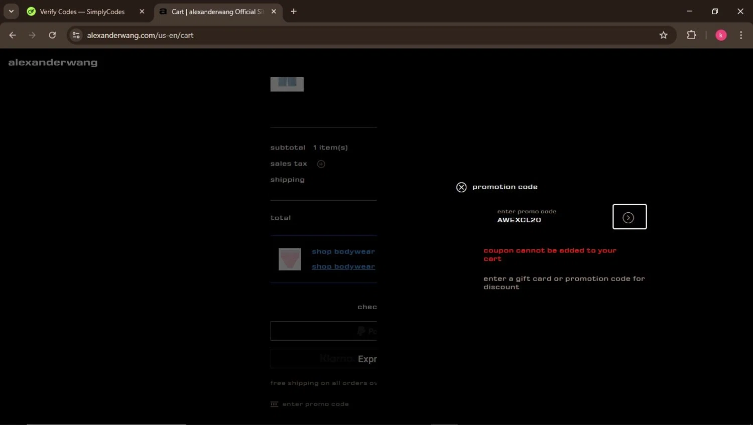 Alexander Wang promo code screenshot showing code AWEXCL20 applied at Alexander Wang checkout page. Uploaded by SimplyCodes community member ValiantElite2270 on Apr 30, 2025
