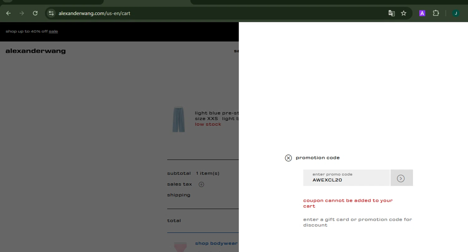 Alexander Wang promo code screenshot showing code AWEXCL20 applied at Alexander Wang checkout page. Uploaded by SimplyCodes community member ShieldCaptain7812 on Apr 30, 2025