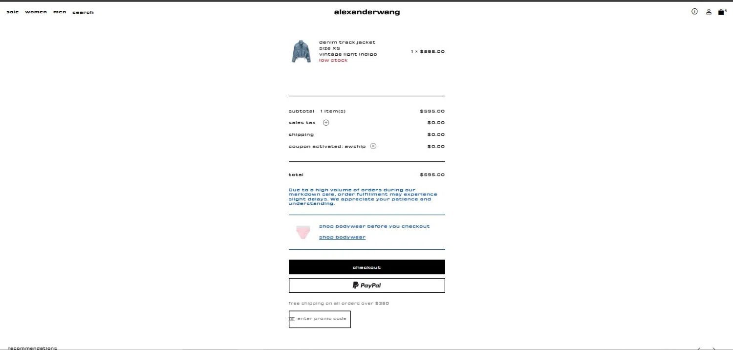 Alexander Wang promo code screenshot showing code AWSHIP applied at Alexander Wang checkout page. Uploaded by SimplyCodes community member FortunateScholar5901 on Dec 13, 2025
