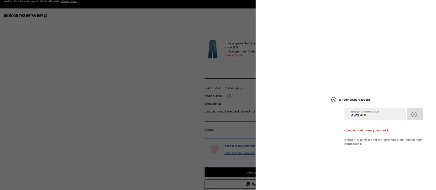 Alexander Wang promo code screenshot showing code AWSHIP applied at Alexander Wang checkout page. Uploaded by SimplyCodes community member GoldPilot8897 on Aug 25, 2025